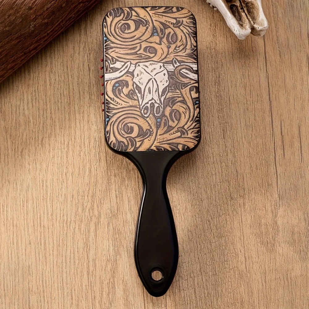 1pc Inlaid Look Cow Head Massage Comb Western Hair Styling Paddle Brush - Picture 1 of 2